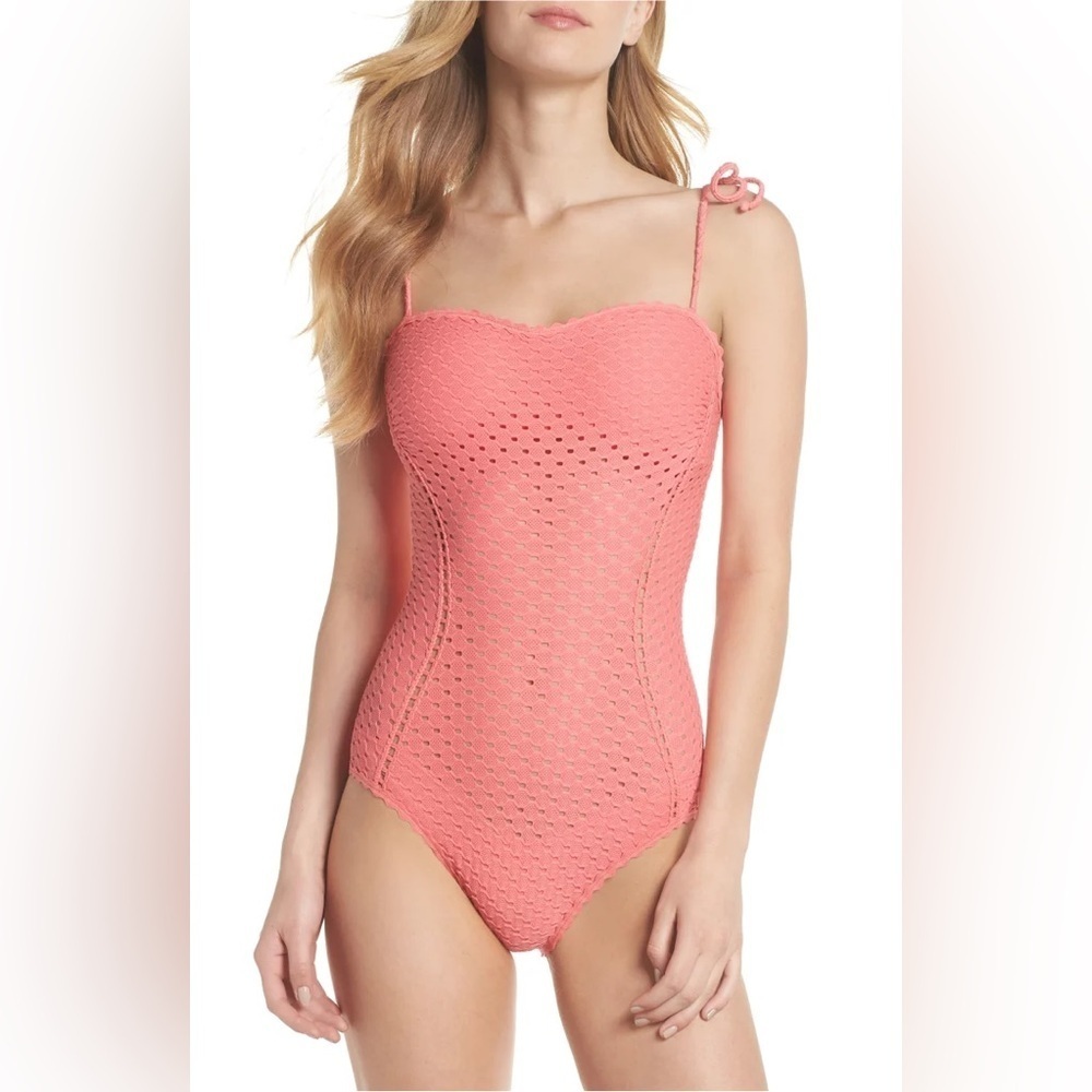Robin Piccone Eyelet Bandeau coral One-Piece Swimsuit Suit Size 6 NWT!